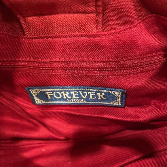 Forever by Fossil Red Floral Embroidered Purse Handbag Bamboo Handle Boho Chic - Picture 8 of 8